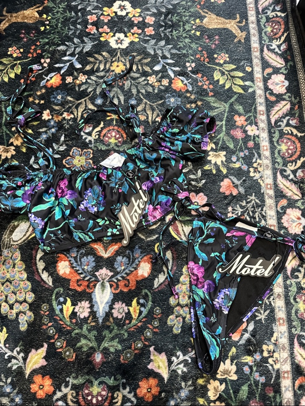 NWT Motel Rocks  Floral Two-Piece Swim Set - Black with Teal & Purple Flowers